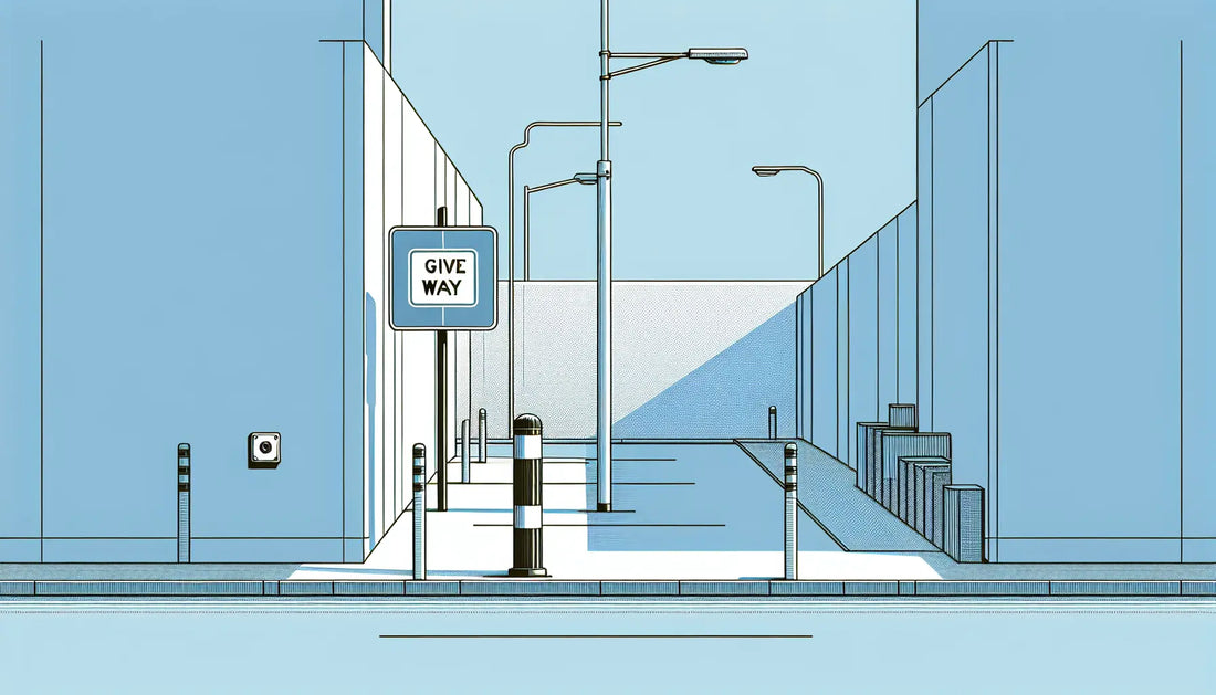 Technische Zeichnung einer Kreuzung mit blauem Verkehrszeichen auf weissem Hintergrund gelber Akzent