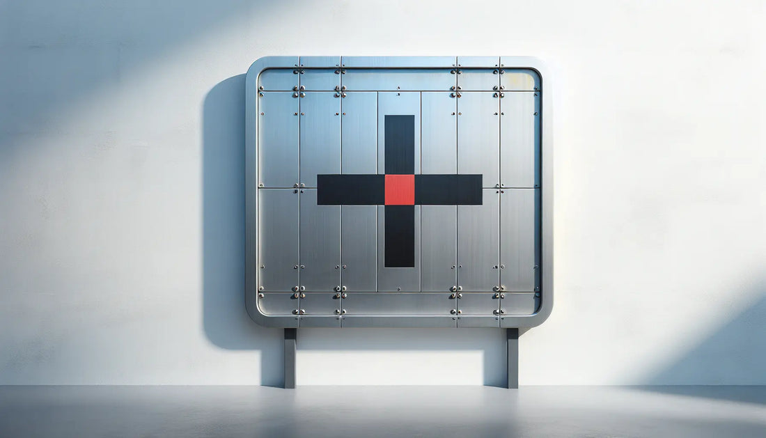 Rechteckiges Metallschild mit rotem Kreuz in Blau auf heller Wand technische Linienzeichnung