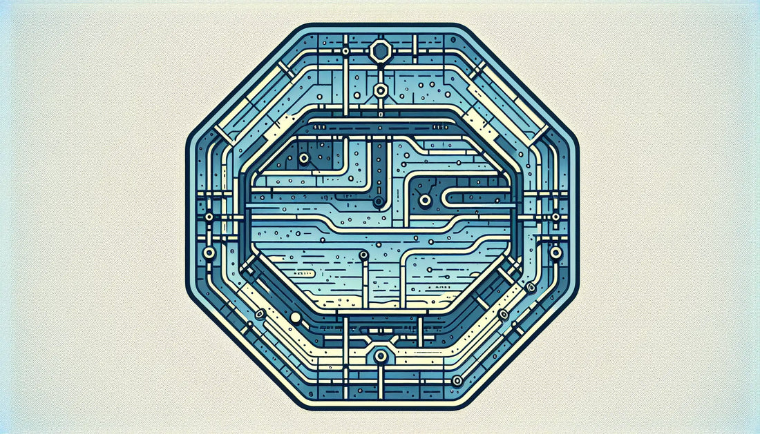 Achteckiges Verkehrszeichen in Persian Blue mit schwarzen Linien und gelbem Schraubenakzent auf weissem Hintergrund