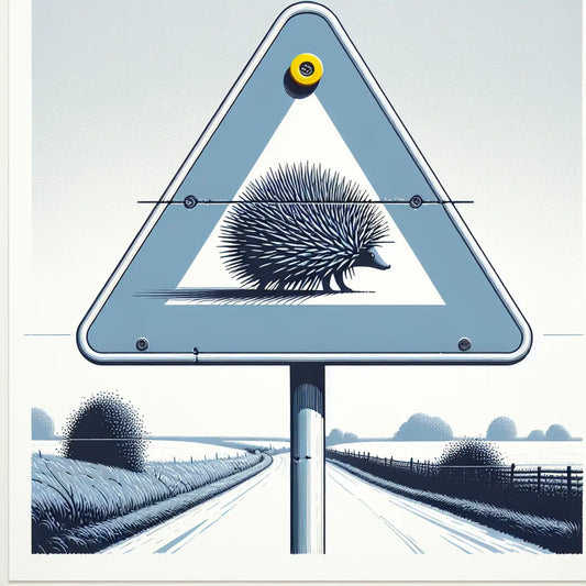 Dreieckiges Verkehrszeichen mit stilisiertem Igel in Blau auf hellem Hintergrund mit grauer Vegetation und gelbem Akzent
