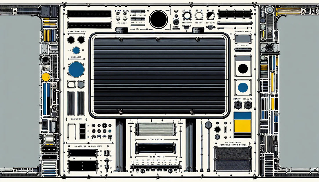 Rechteckiges Metallschild in Grau Konturen in Schwarz mit blauen Akzenten und gelben Schrauben auf weissem Hintergrund