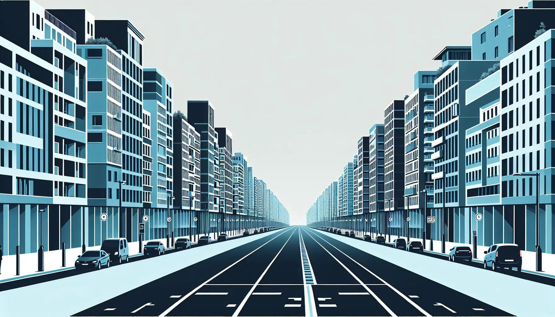 lange stadtstrasse mit reduziertem stadtbild und hohen gebaeudenummern geometrische vektorgrafik minimalistisches design