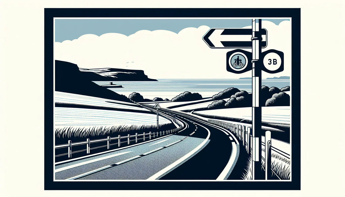 Technische Zeichnung einer schmalen Landstraße mit Küste und blauen Verkehrsschildern auf weissem Hintergrund