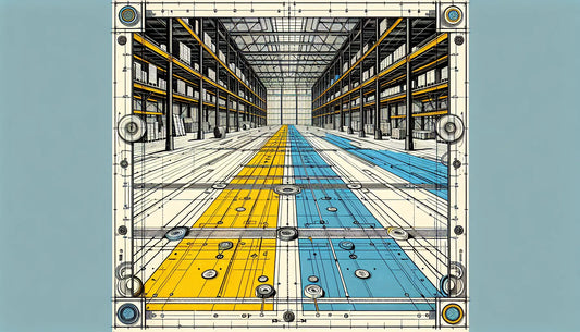 Entrepôt sol blanc avec marquages techniques en bleu et bandes jaunes dessin technique