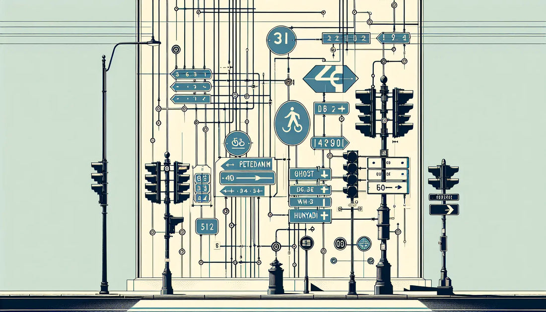 Technische Zeichnung einer Straßenkreuzung mit blauen Schildern und gelben Schrauben auf weißem Hintergrund