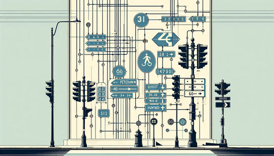 Technische Zeichnung einer Straßenkreuzung mit blauen Schildern und gelben Schrauben auf weißem Hintergrund