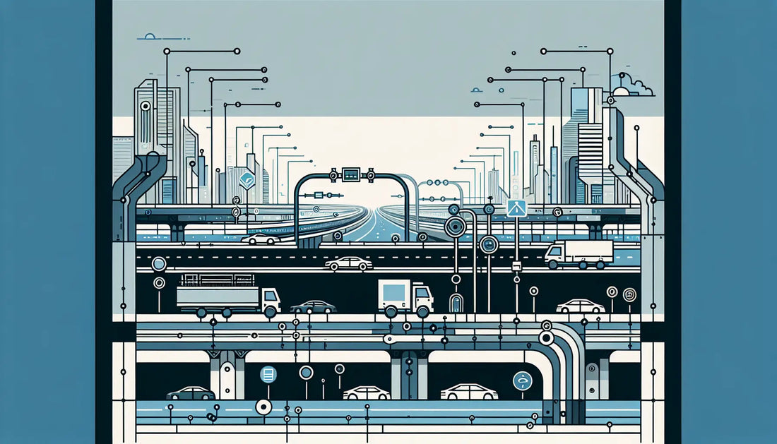 Zeichnung einer Autobahnspur fuer Carsharing Fahrzeuge in Blau und Grau mit gelben Akzenten ohne perspektive
