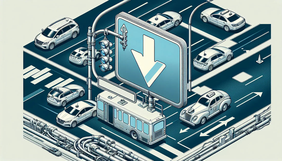 Technisches Verkehrsschild mit weissem Raute auf blauem Hintergrund umgeben von grauen schematischen Fahrzeugen auf weissem Grund