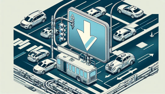 Technisches Verkehrsschild mit weissem Raute auf blauem Hintergrund umgeben von grauen schematischen Fahrzeugen auf weissem Grund