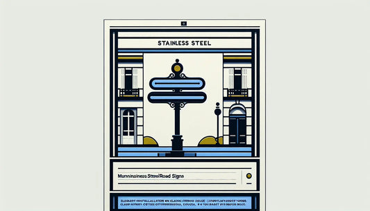 straßenschild aus edelstahl als einfache vektorgrafik auf weissem hintergrund mit text zu eleganter installation an klassischem französischem haus