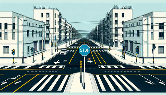 Leere urbane Kreuzung mit Stoppschild in Persian Blue und schwarzen Konturen auf hellem Hintergrund