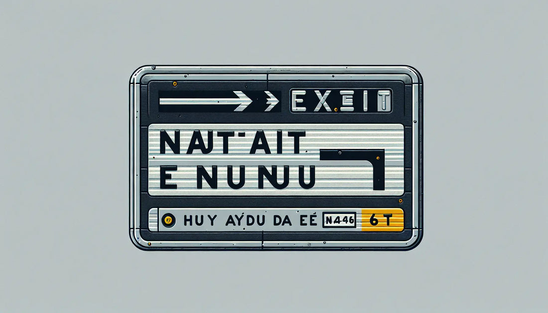 Reduziertes Autobahnausfahrt Schild in Grau Schwarz mit gelbem Akzent auf weissem Hintergrund