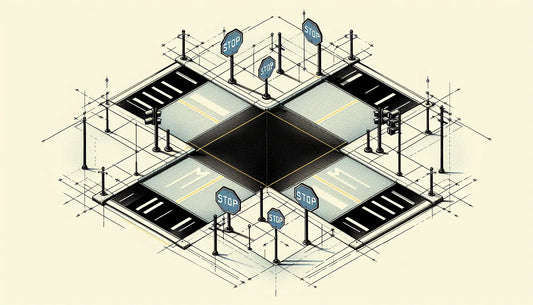 Vierfachkreuzung mit Stoppschildern in Persian Blue klaren schwarzen Straßenmarkierungen auf heller Fläche