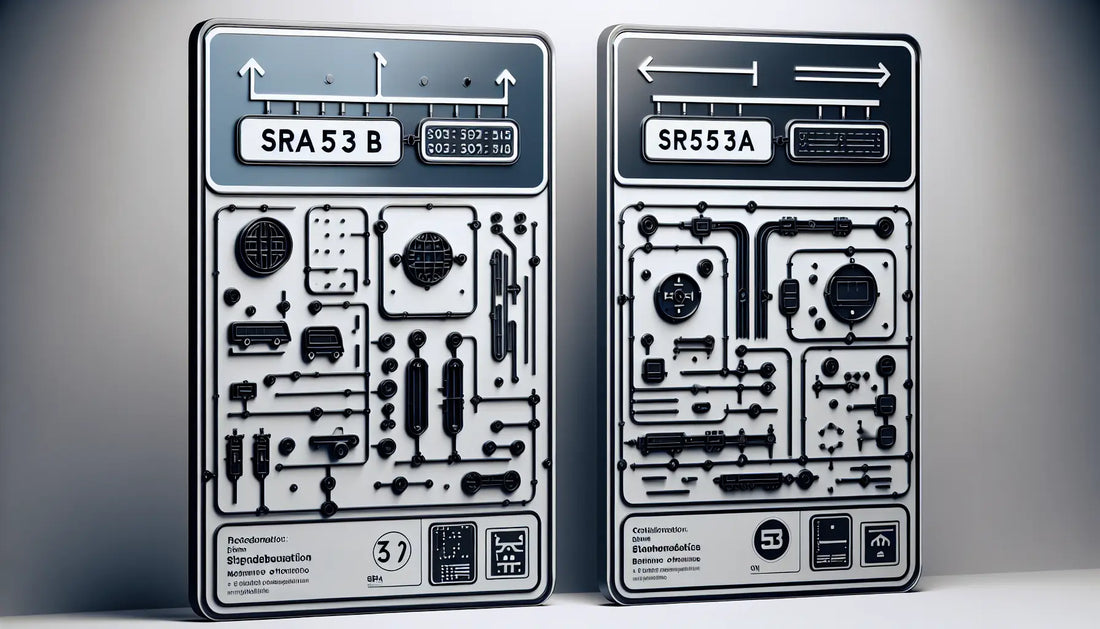 Moderne französische verkehrsschilder sr53a und sr53b in reduziertem technischen stil in blau grau und gelb auf weissem hintergrund