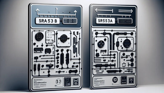 Moderne französische verkehrsschilder sr53a und sr53b in reduziertem technischen stil in blau grau und gelb auf weissem hintergrund