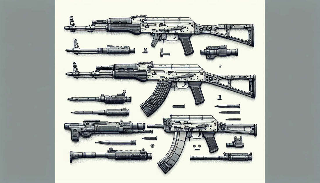 Technische Zeichnung von Kalaschnikow Sturmgewehren in Schwarz Graublau auf weissem Hintergrund ohne Perspektive