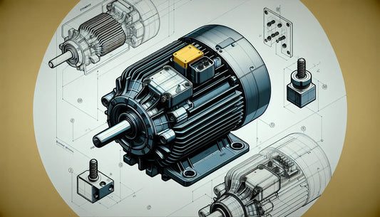 Technische Motorzeichnung mit Terminalplatte und Namensschild in Blau und Gelb auf hellem Hintergrund