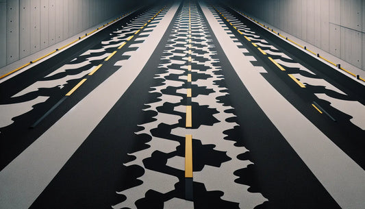 Straße mit Dents du Dragon Markierungen in Schwarz auf heller Fläche als technische Skizze