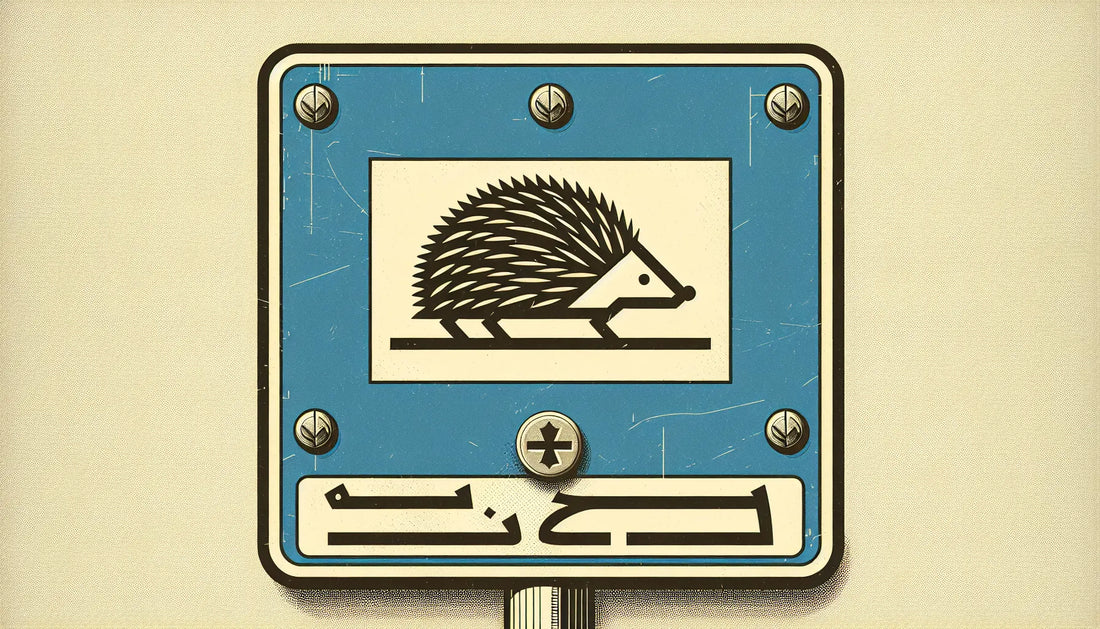 Rechteckiges Verkehrsschild mit Igel in Blau auf weissem Grund mit gelber Schraube technische Skizze