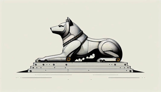 Technische Zeichnung einer kapitolinischen Wölfin Statue in Schwarz auf hellem Hintergrund mit grauen und gelben Akzenten