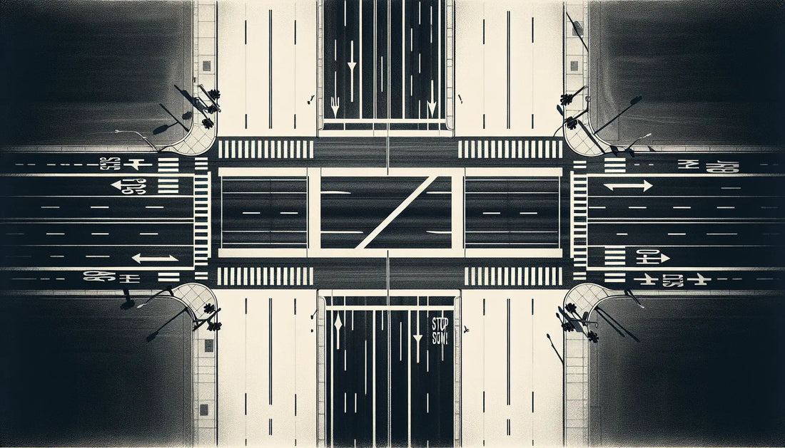 Technische Skizze einer Strassenkreuzung mit weisser Linie auf urbanem Hintergrund ohne Stoppschild