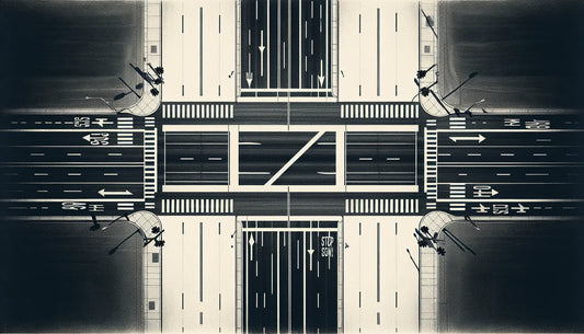 Technische Skizze einer Strassenkreuzung mit weisser Linie auf urbanem Hintergrund ohne Stoppschild