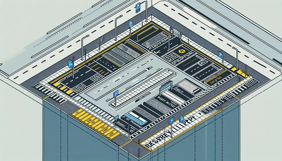 Strasse mit weissen Linien gelben Markierungen und blauen Parkfeldern als technische Zeichnung