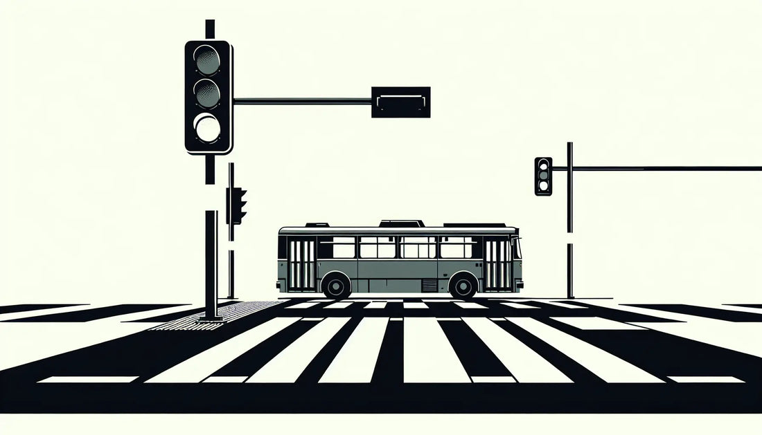 Stilisierte urbane Kreuzung mit Bus in Grau und Ampel mit gelbem dreieckigem Licht auf hellem Hintergrund