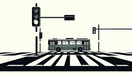 Stilisierte urbane Kreuzung mit Bus in Grau und Ampel mit gelbem dreieckigem Licht auf hellem Hintergrund