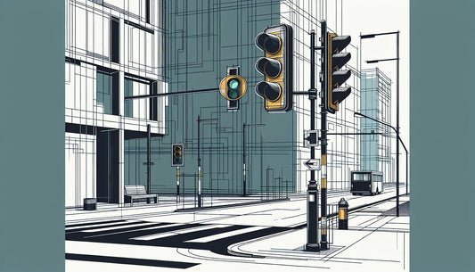 Technische Zeichnung einer urbanen Kreuzung mit grünem Licht in Blau und gelbem Akzent auf weissem Hintergrund