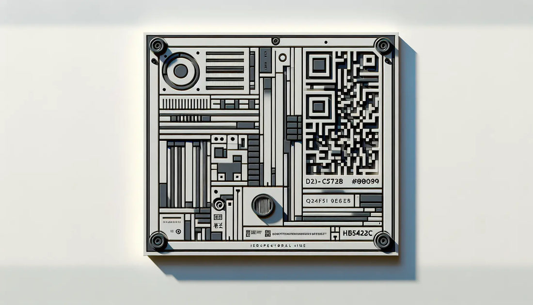 Reduziertes Baustellenschild in Grau mit stilisiertem QR Code in Blau auf weisser Wand mit gelbem Akzent