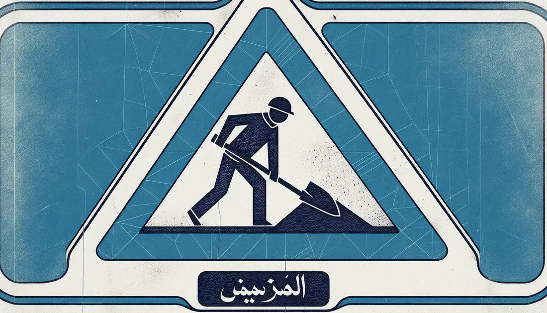 Dreieckiges Verkehrsschild mit rotem Rand schwarzem Arbeiterpiktogramm in technischer Linienzeichnung