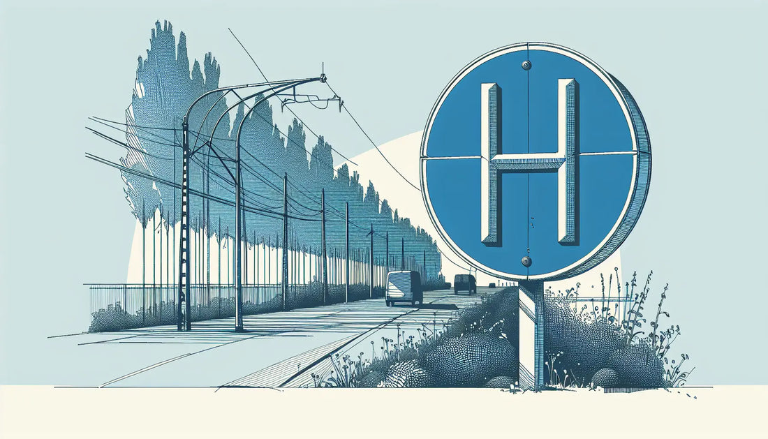 Technisches blaues H Verkehrsschild mit gelber Schraube auf weissem Hintergrund reduzierter skizzenstil