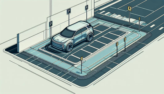 Stilisierter Fahrzeugumriss in Blau auf weissem Hintergrund mit grauen Parklinien und gelben Akzenten technische Skizze
