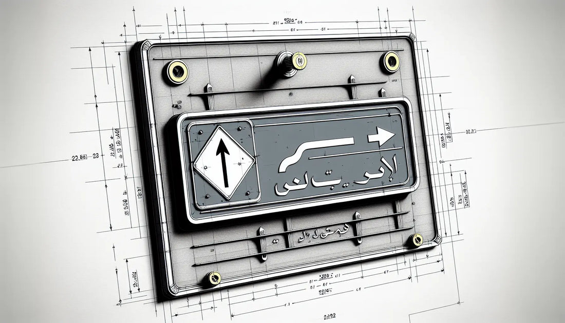 Technisches Metallschild in Grau mit klaren blauen Gravuren auf weisser Wand mit gelber Schraube