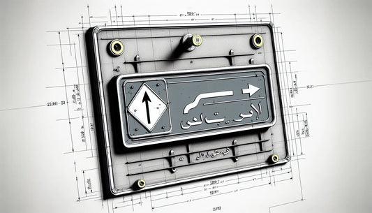 Technisches Metallschild in Grau mit klaren blauen Gravuren auf weisser Wand mit gelber Schraube