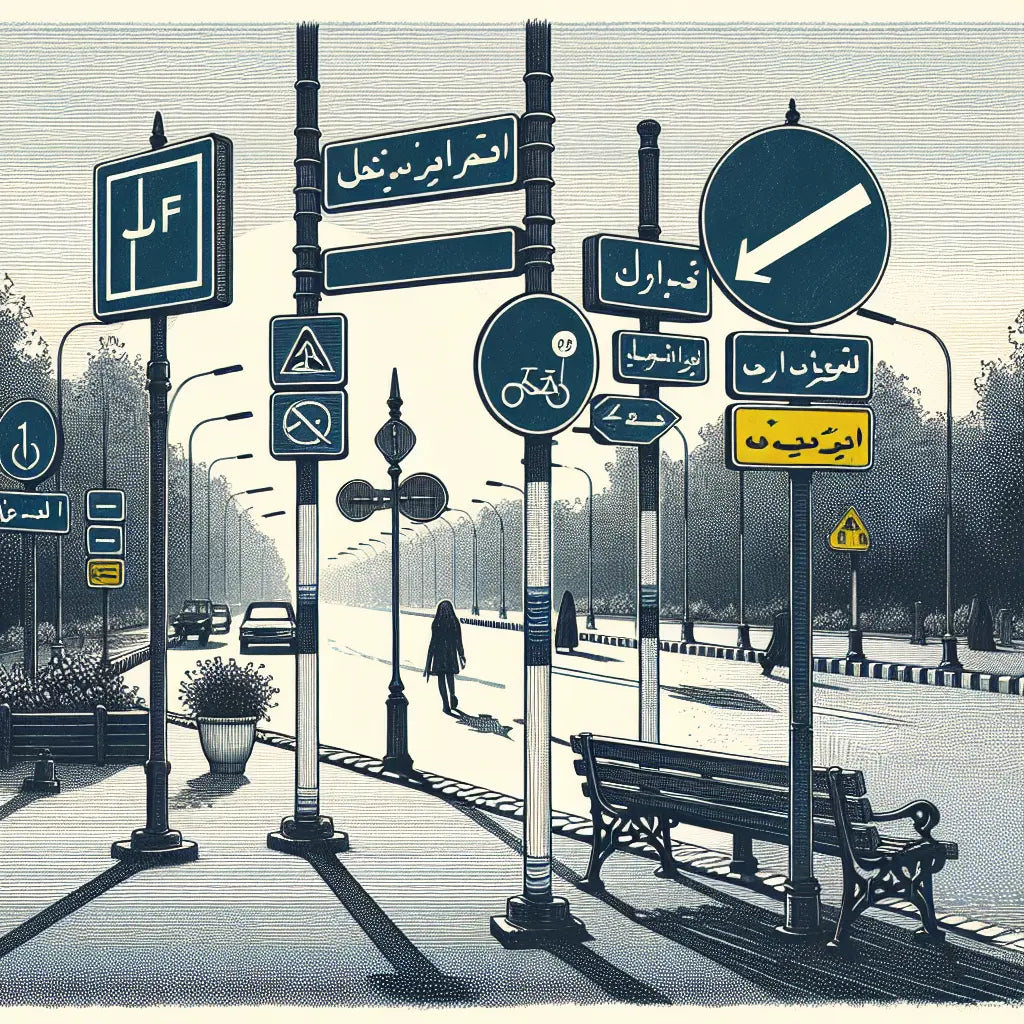 Technische Zeichnung von verkehrsschildern in blau und grau auf weissem hintergrund mit gelben akzenten