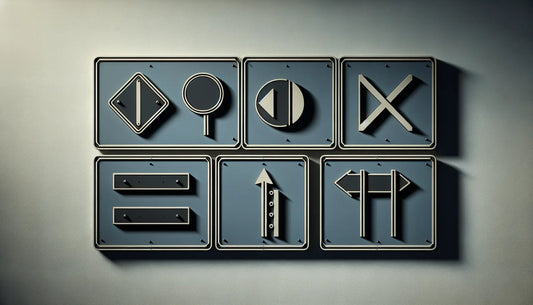 Technische Zeichnung von Verkehrsschildern in Blau Grau und Gelb auf weisser Fläche