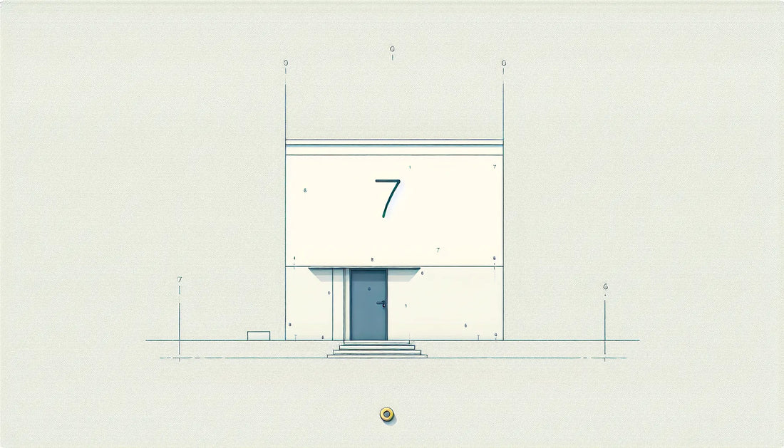 flach montierte hausnummer sieben in blau auf weisser wand mit gelber schraube als technische skizze