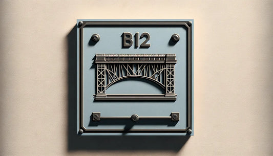 Technisches Verkehrsschild B12 in Blau grauer Hindergrund Schraube gelb technische Linienzeichnung