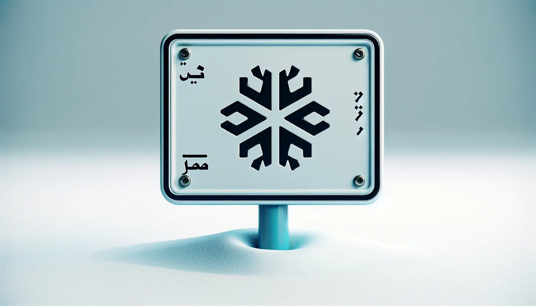 Rechteckiges Verkehrsschild mit weissem Schneeflockensymbol auf blauem Hintergrund auf verschneiter weisser Fläche