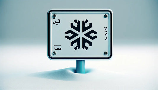 Rechteckiges Verkehrsschild mit weissem Schneeflockensymbol auf blauem Hintergrund auf verschneiter weisser Fläche