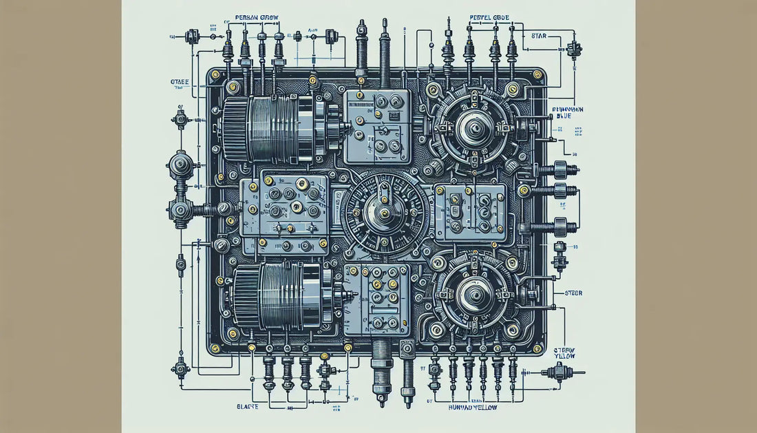 technisches zeichnung eines elektrischen motorpanels mit stern und dreieck symbolen in blau mit gelben akzenten auf weissem hintergrund