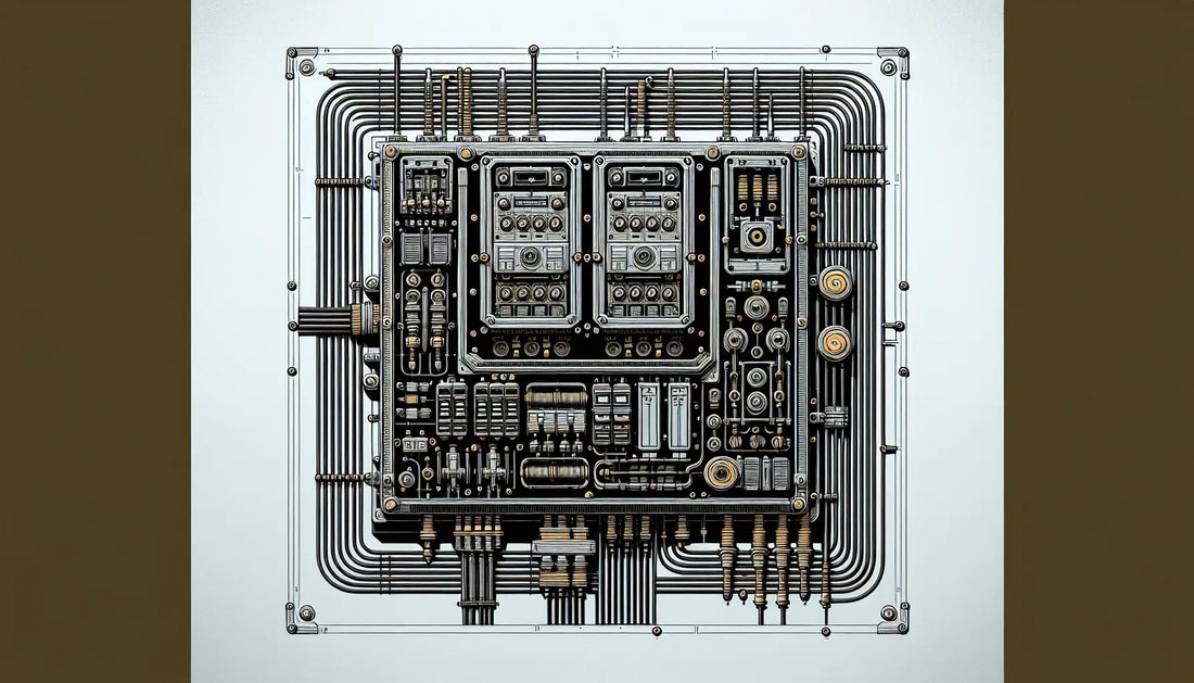 Technisches Hochspannungspanel in Grau mit schwarzen Kabeln und gelben Akzenten auf weissem Hintergrund als technische Zeichnung