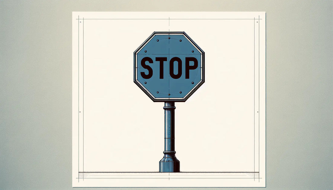 Reduziertes Stoppschild auf Pfosten in Blau Grau mit schwarzer Kontur auf hellem Hintergrund