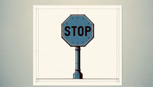 Reduziertes Stoppschild auf Pfosten in Blau Grau mit schwarzer Kontur auf hellem Hintergrund