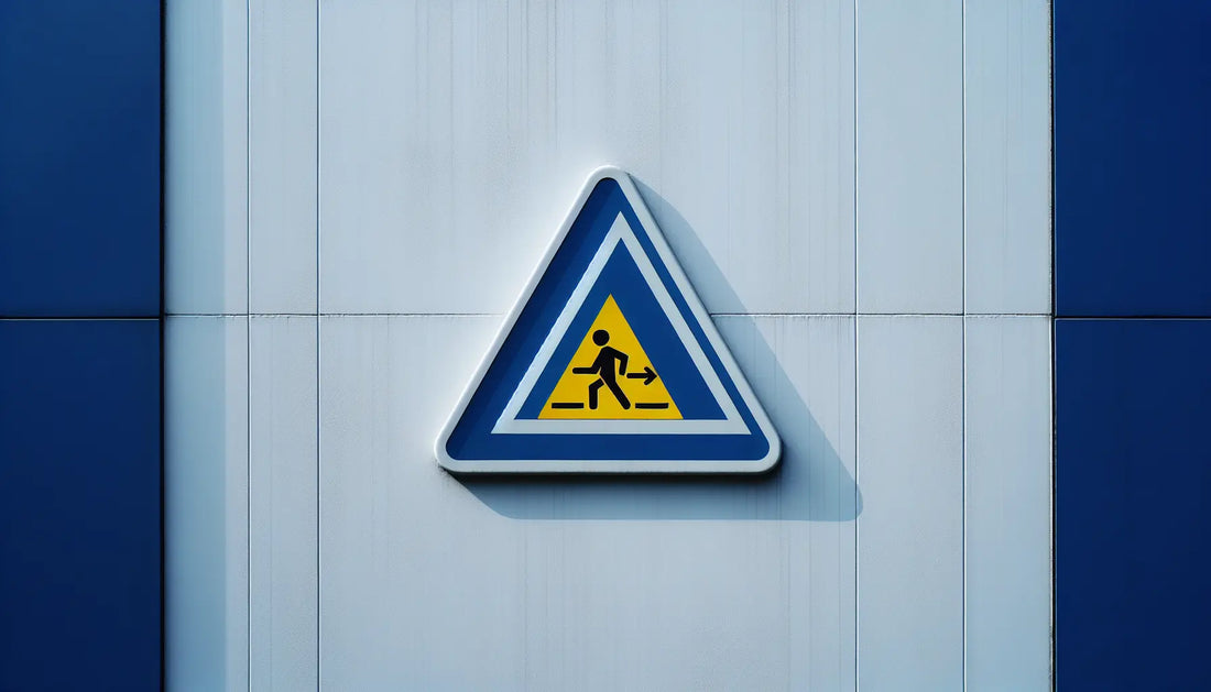 Dreieckiges Verkehrszeichen Baustelle in Gelb und Blau als technische Zeichnung auf hellem Hintergrund