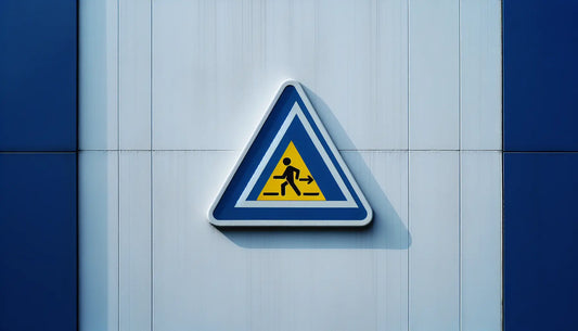 Dreieckiges Verkehrszeichen Baustelle in Gelb und Blau als technische Zeichnung auf hellem Hintergrund