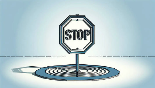 Achteckiges Stopschild in Blau mit schwarzen Konturen und gelben Schrauben akzent auf weissem Hintergrund