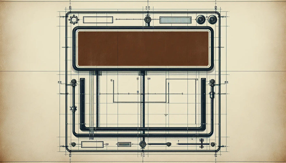 Rechteckiges braunes Verkehrsschild in technischer Linienzeichnung auf hellem Hintergrund mit gelbem Schraubenakzent